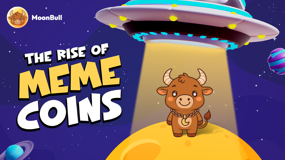 Banner featuring the MoonBull character, with light shining from a UFO spaceship.